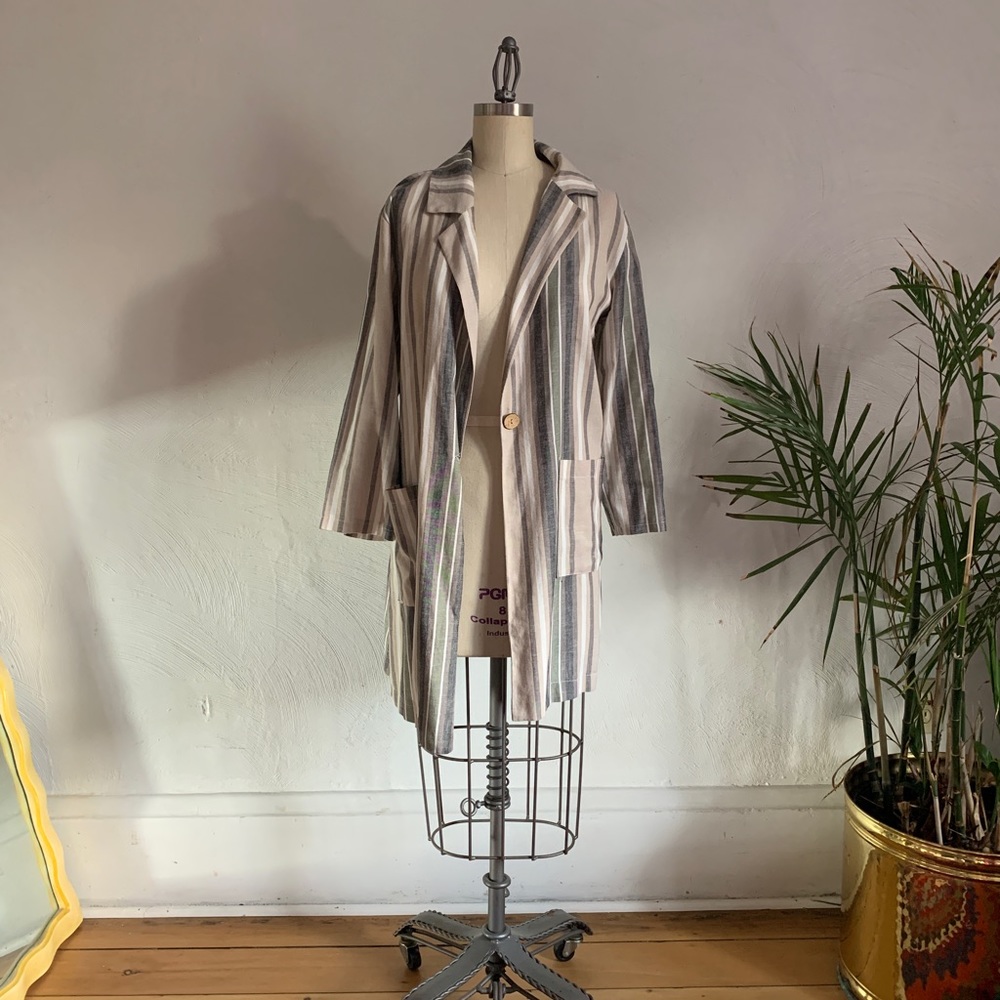 Italian Custom Linen Relaxed Oversized Jacket Neutral Gray Striped Olive - large